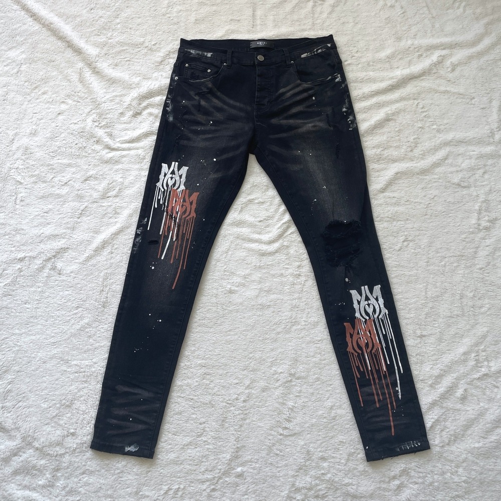 Amiri Mens Paint Drip MA Logo Skinny Jeans Black Distressed‎ Size 32